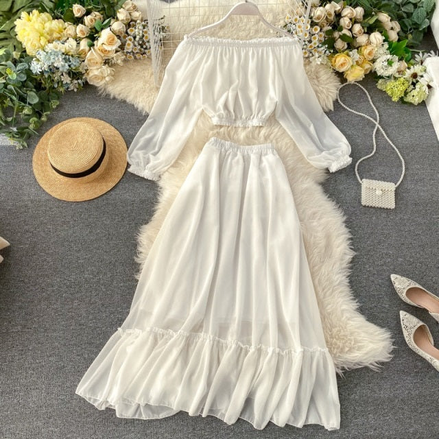 Suit One Word Collar High Waist Chiffon Top Flounces Big Swing Skirt