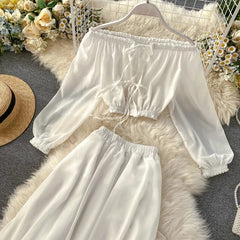 Suit One Word Collar High Waist Chiffon Top Flounces Big Swing Skirt