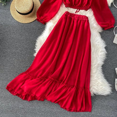 Suit One Word Collar High Waist Chiffon Top Flounces Big Swing Skirt