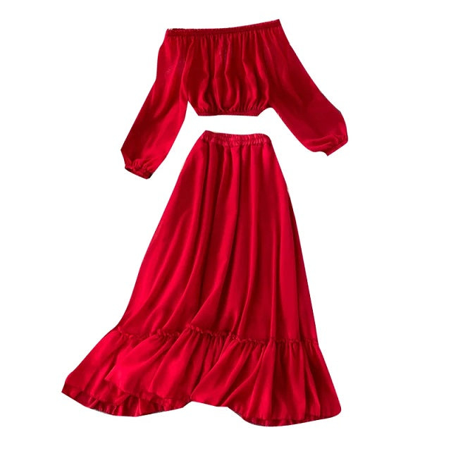 Suit One Word Collar High Waist Chiffon Top Flounces Big Swing Skirt