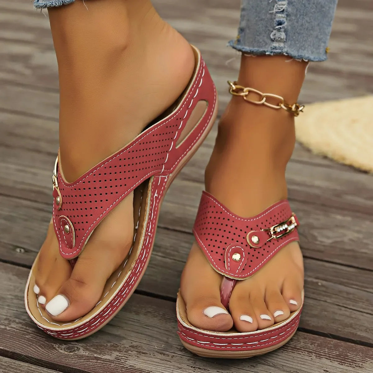 Chic Retro Flip-Flops with Arch Support - Comfortable Slip-On Thong Sandals Faux Cover Slippers
