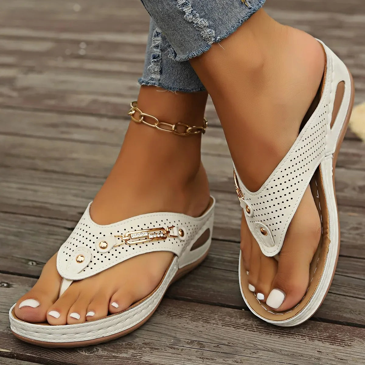 Chic Retro Flip-Flops with Arch Support - Comfortable Slip-On Thong Sandals Faux Cover Slippers