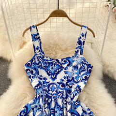 Summer Dress Spaghetti Strap Dresses Floral Print Folds Sleeveless
