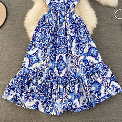 Summer Dress Spaghetti Strap Dresses Floral Print Folds Sleeveless