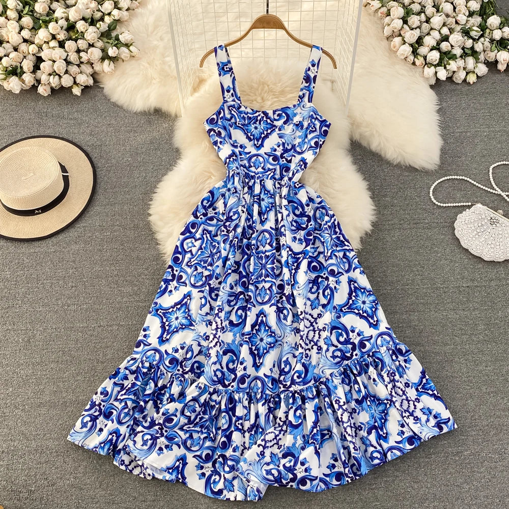 Summer Dress Spaghetti Strap Dresses Floral Print Folds Sleeveless