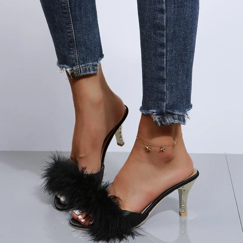 Elegant Open Toe Plush Slippers for Suede High Heel
