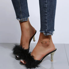 Elegant Open Toe Plush Slippers for Suede High Heel