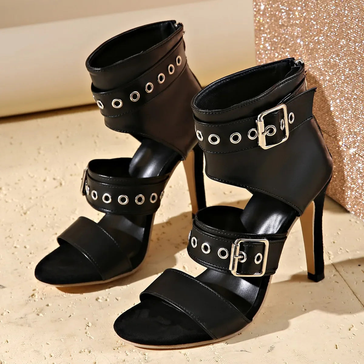 Hollow Out Buckle Strap Zipper Sandals Woman's Thin Heel