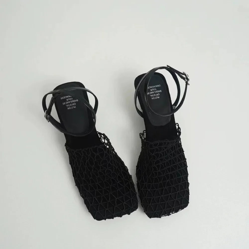 Luxury Designer Sandals Lace Mesh Square Toe Shallow Narrow Strap Braided Slip-on High Heel