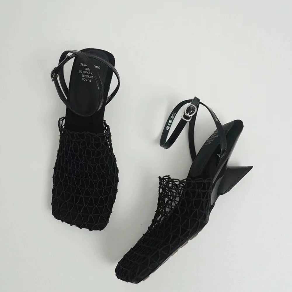 Luxury Designer Sandals Lace Mesh Square Toe Shallow Narrow Strap Braided Slip-on High Heel