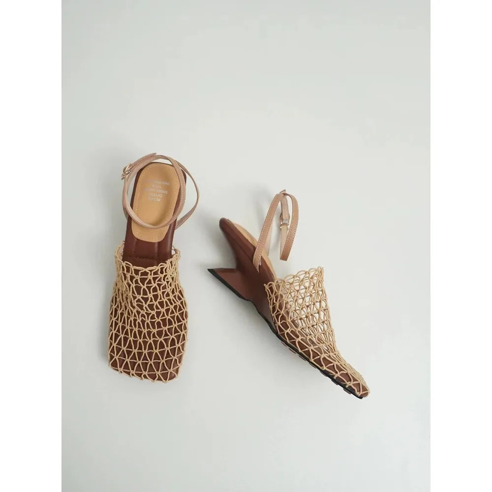 Luxury Designer Sandals Lace Mesh Square Toe Shallow Narrow Strap Braided Slip-on High Heel