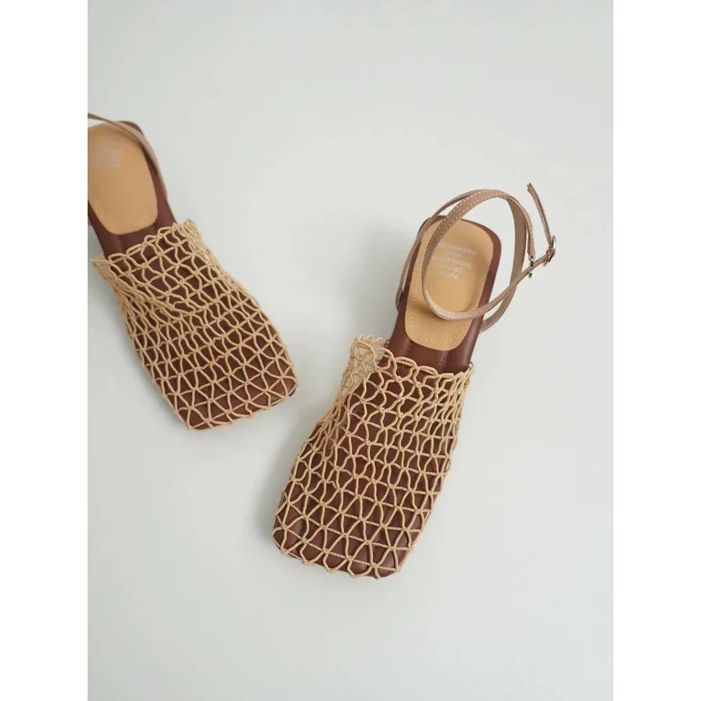 Luxury Designer Sandals Lace Mesh Square Toe Shallow Narrow Strap Braided Slip-on High Heel