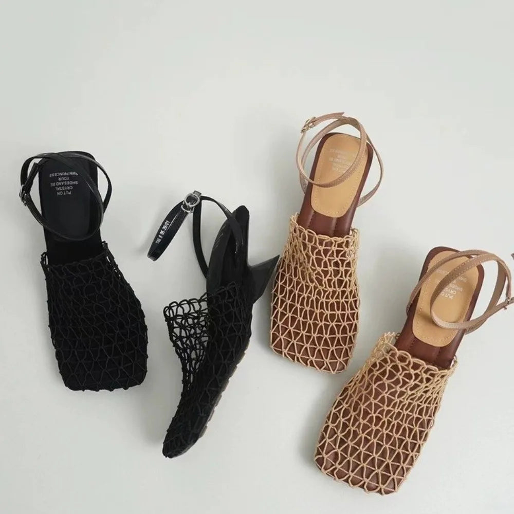 Luxury Designer Sandals Lace Mesh Square Toe Shallow Narrow Strap Braided Slip-on High Heel