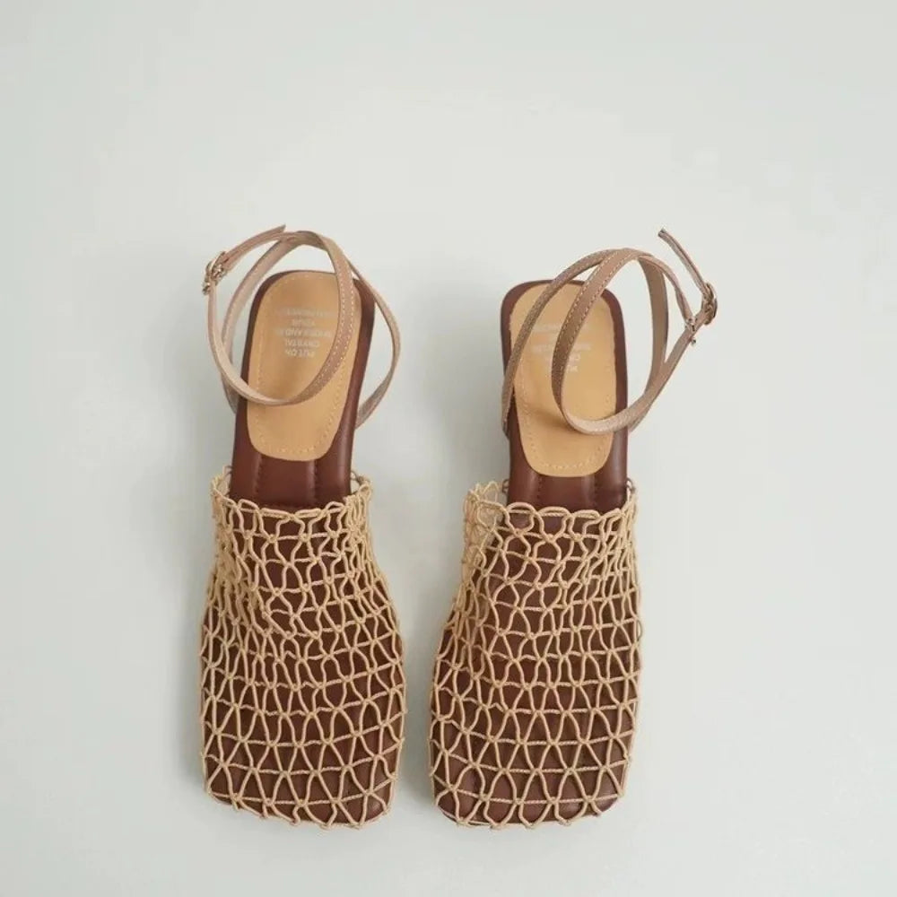 Luxury Designer Sandals Lace Mesh Square Toe Shallow Narrow Strap Braided Slip-on High Heel
