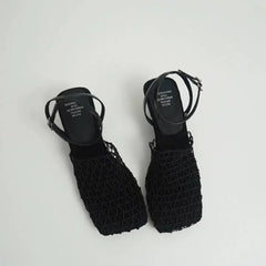 Luxury Designer Sandals Lace Mesh Square Toe Shallow Narrow Strap Braided Slip-on High Heel