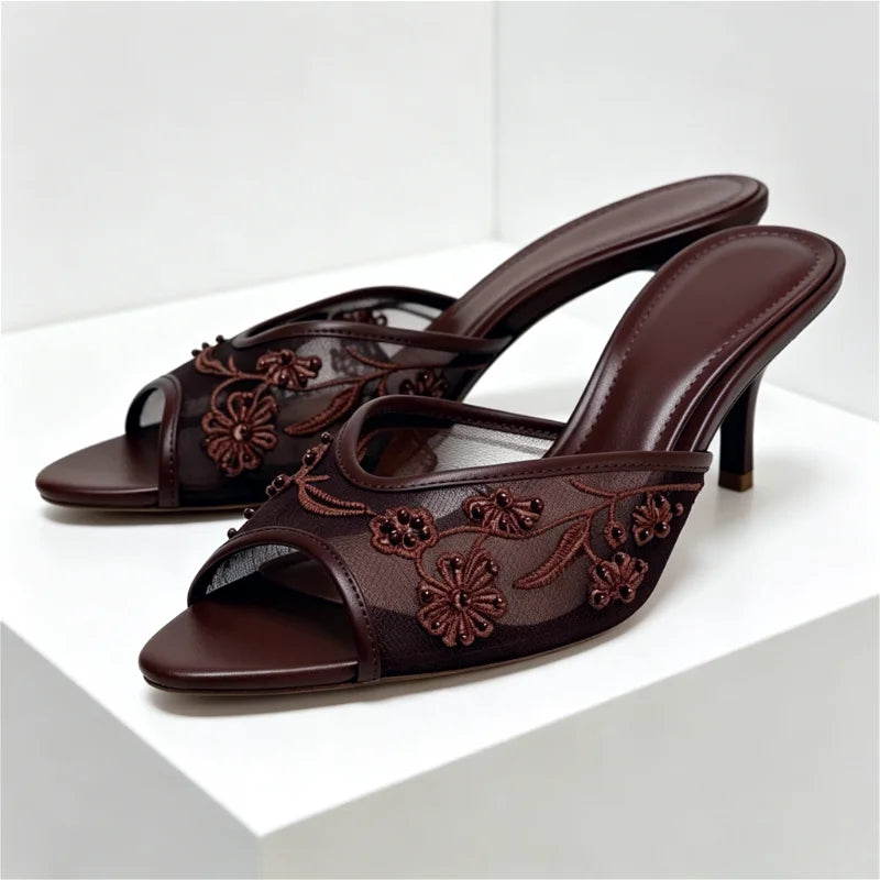 Mesh Embroidery Brown Slippers Peep Toe Heel