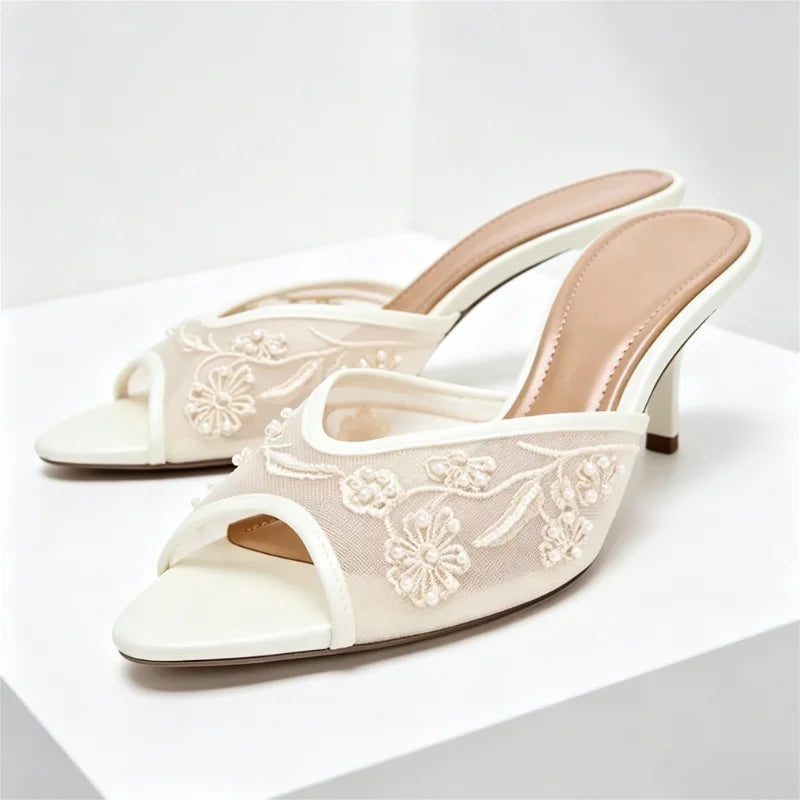 Mesh Embroidery Brown Slippers Peep Toe Heel