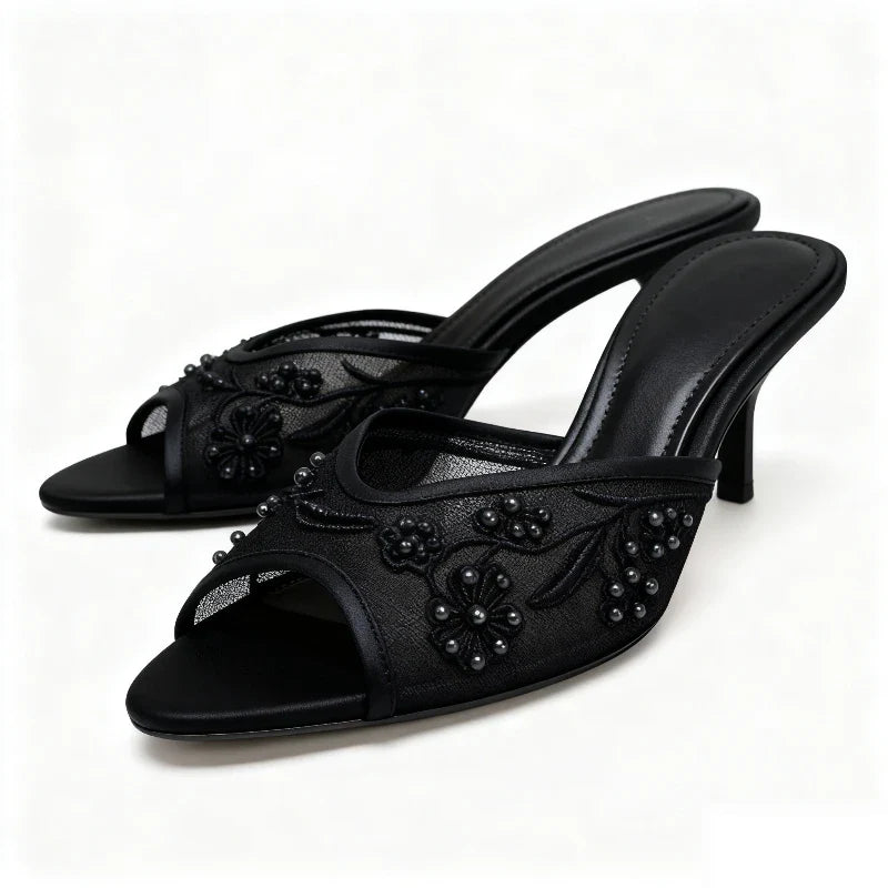 Mesh Embroidery Brown Slippers Peep Toe Heel