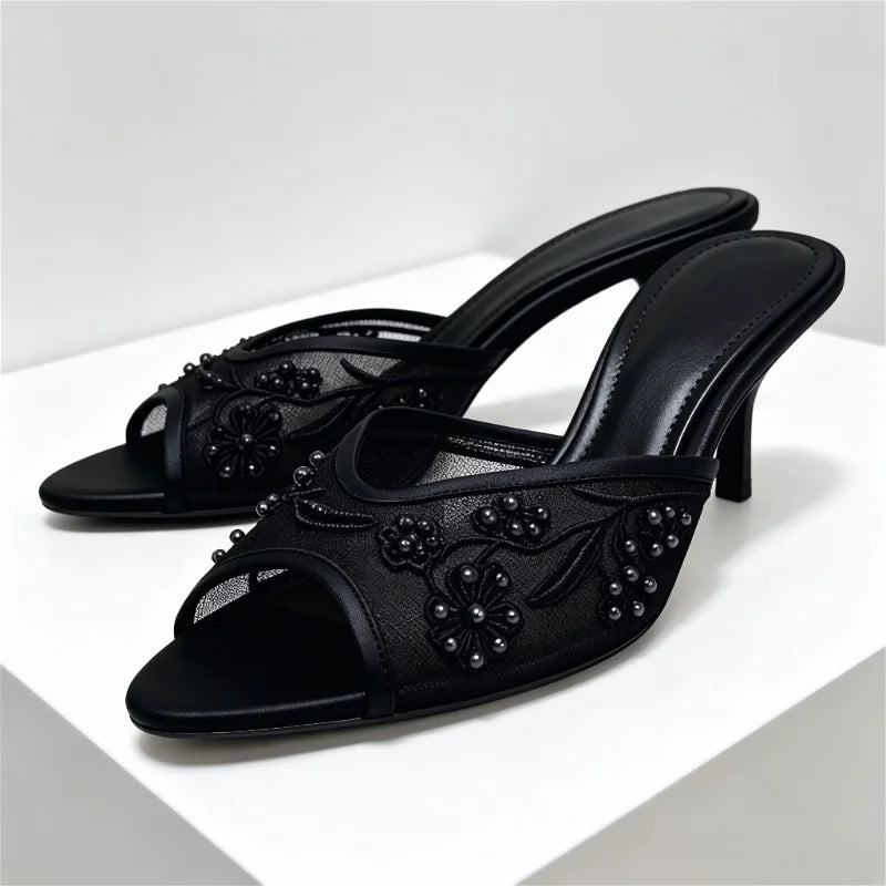 Mesh Embroidery Brown Slippers Peep Toe Heel