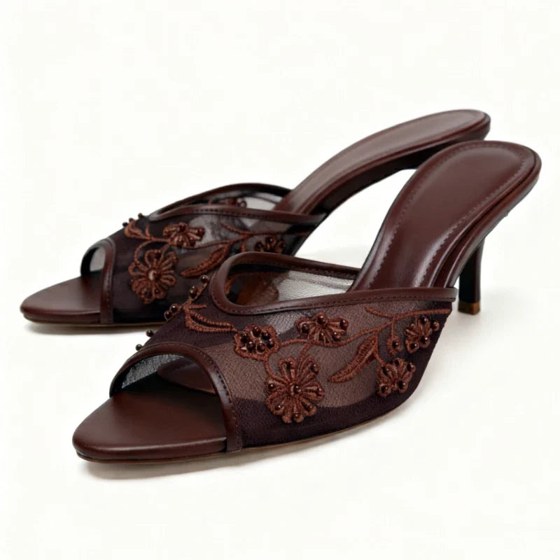 Mesh Embroidery Brown Slippers Peep Toe Heel