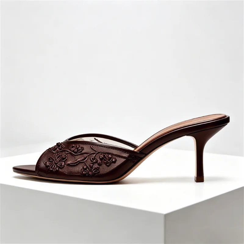 Mesh Embroidery Brown Slippers Peep Toe Heel
