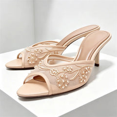 Mesh Embroidery Brown Slippers Peep Toe Heel