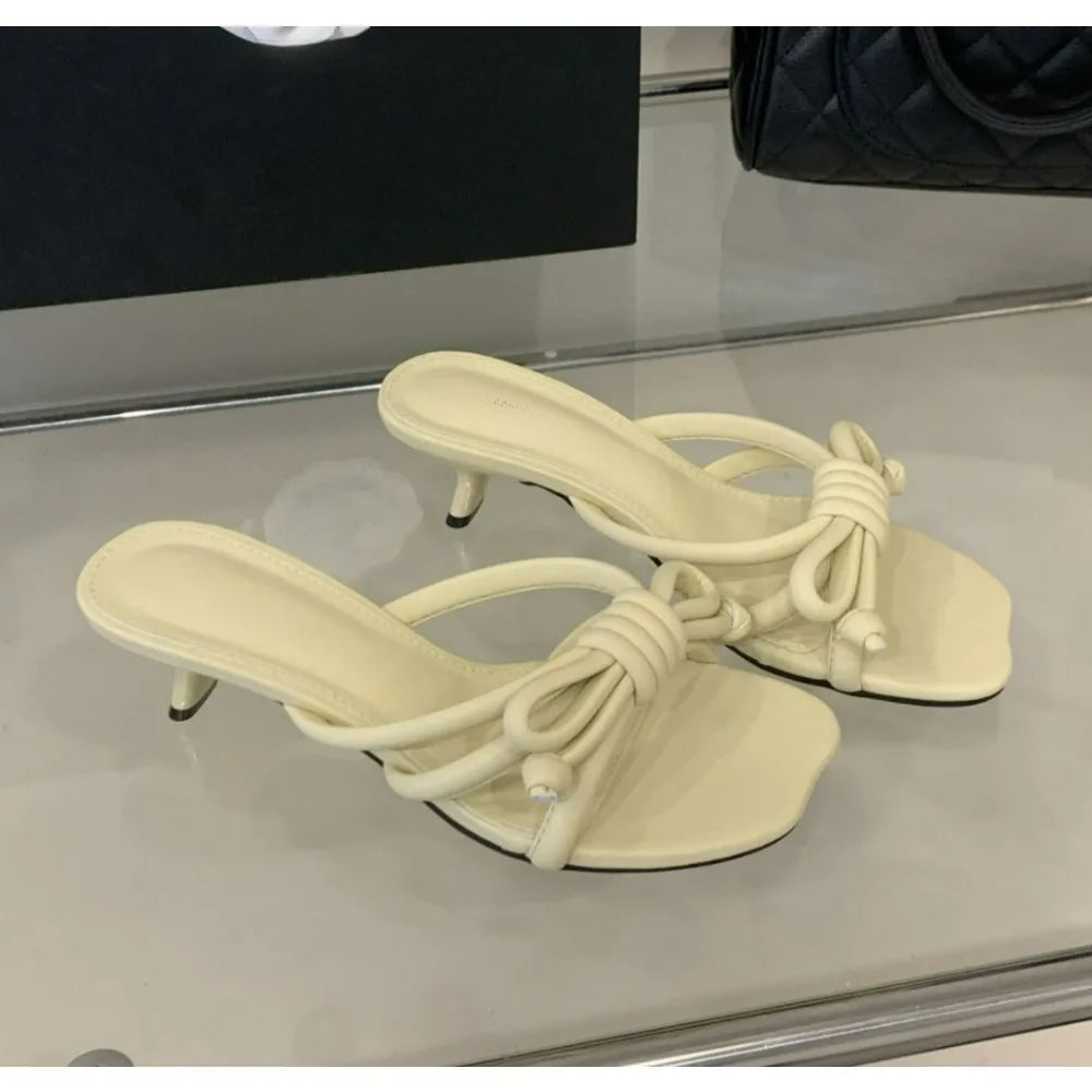 Narrow Band Slide Slipper Open Toe Slip on Low Heel