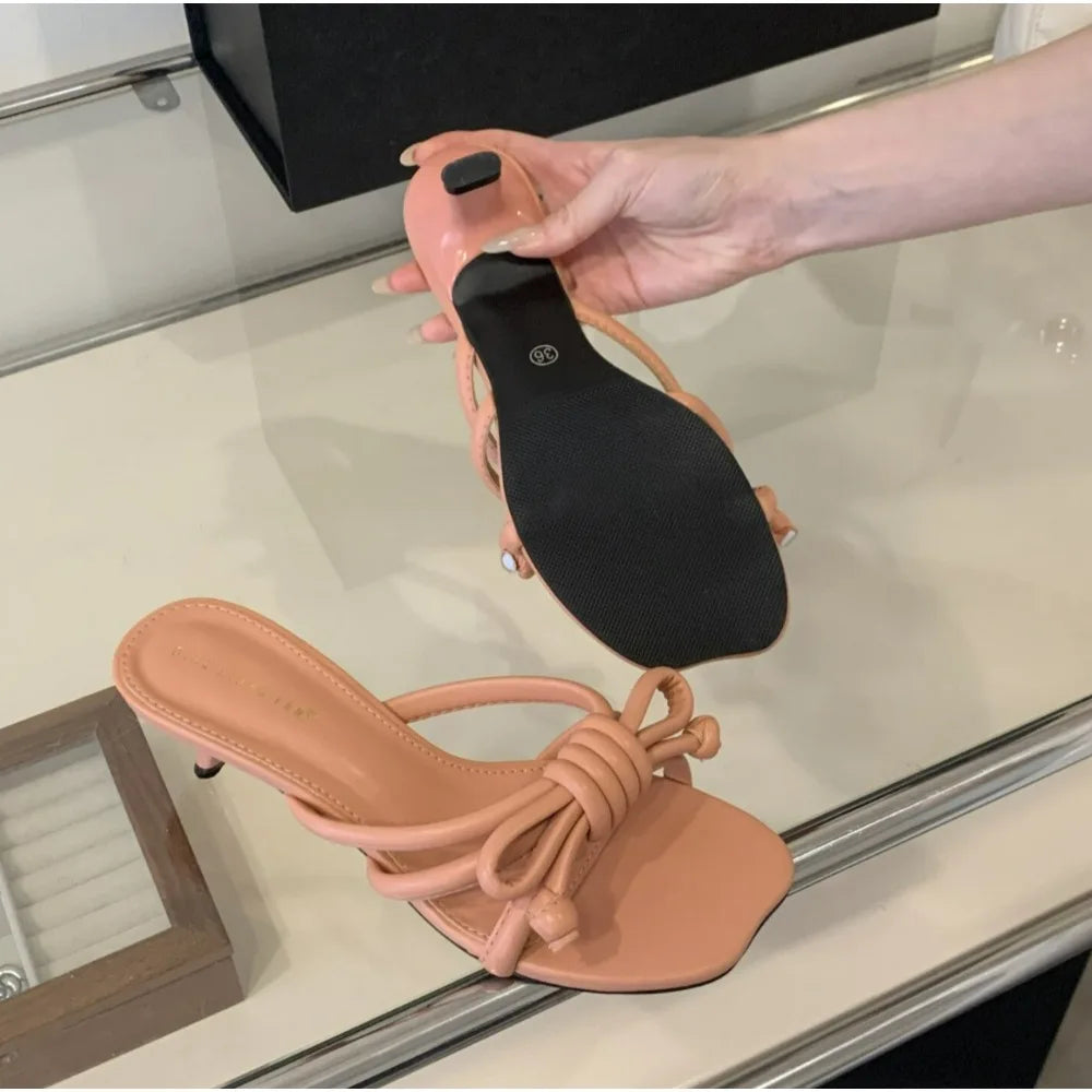 Narrow Band Slide Slipper Open Toe Slip on Low Heel