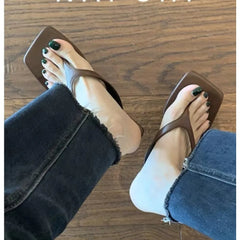 Soft Leather Square Toe Cat with Flip-flops Thin Belt Thin Heel