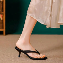Soft Leather Square Toe Cat with Flip-flops Thin Belt Thin Heel