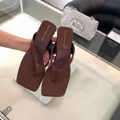 Soft Leather Square Toe Cat with Flip-flops Thin Belt Thin Heel