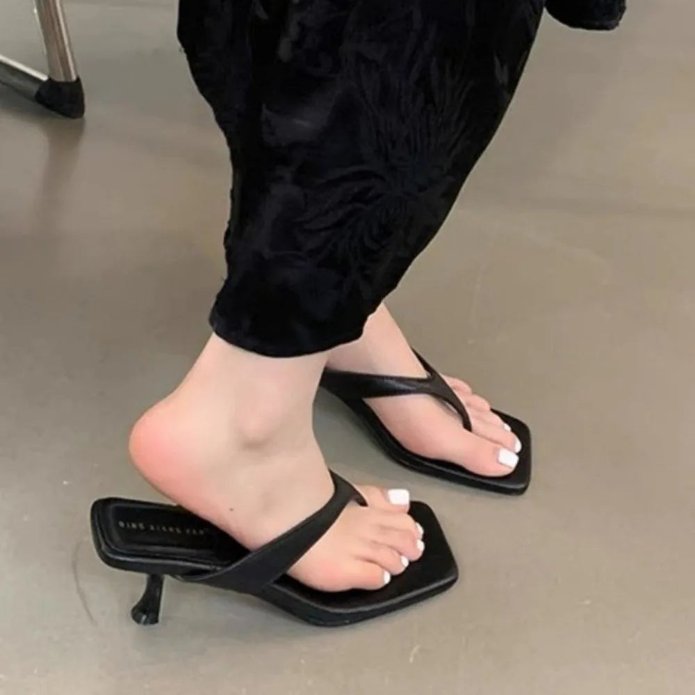 Soft Leather Square Toe Cat with Flip-flops Thin Belt Thin Heel