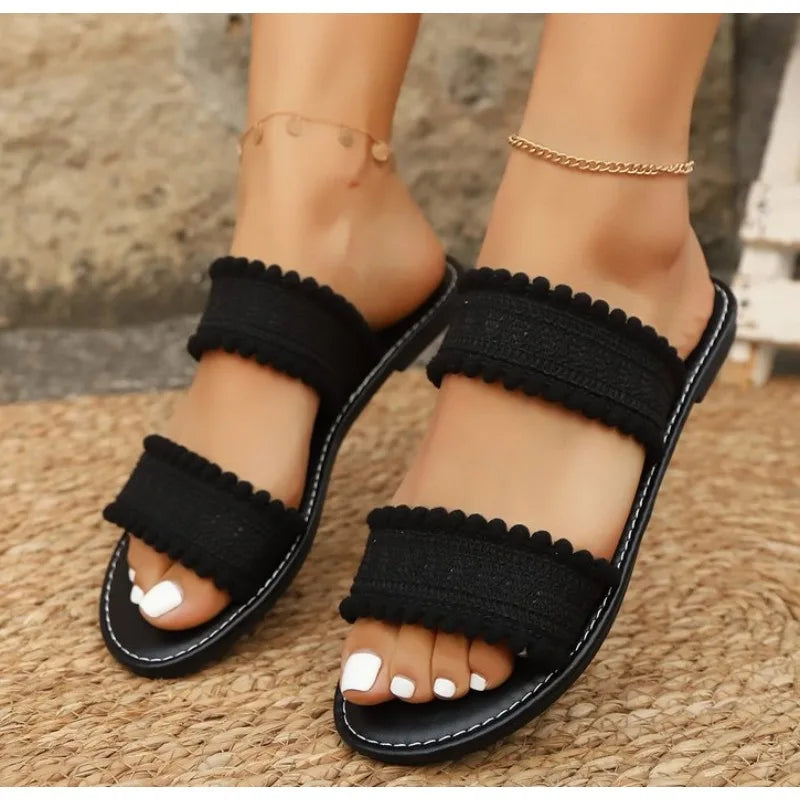 Open Toe Woven Flat Sandals Cross Band Non-slip Roman Beach Shoes