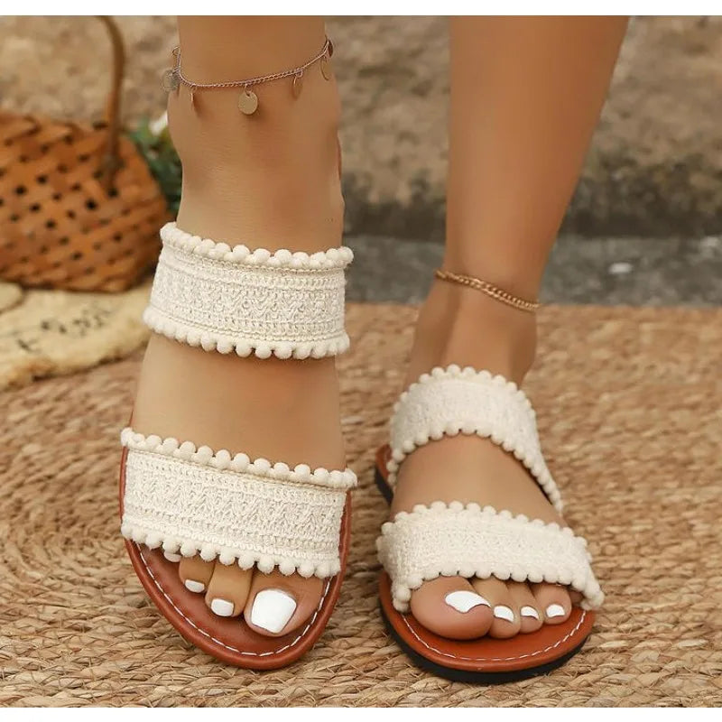 Open Toe Woven Flat Sandals Cross Band Non-slip Roman Beach Shoes