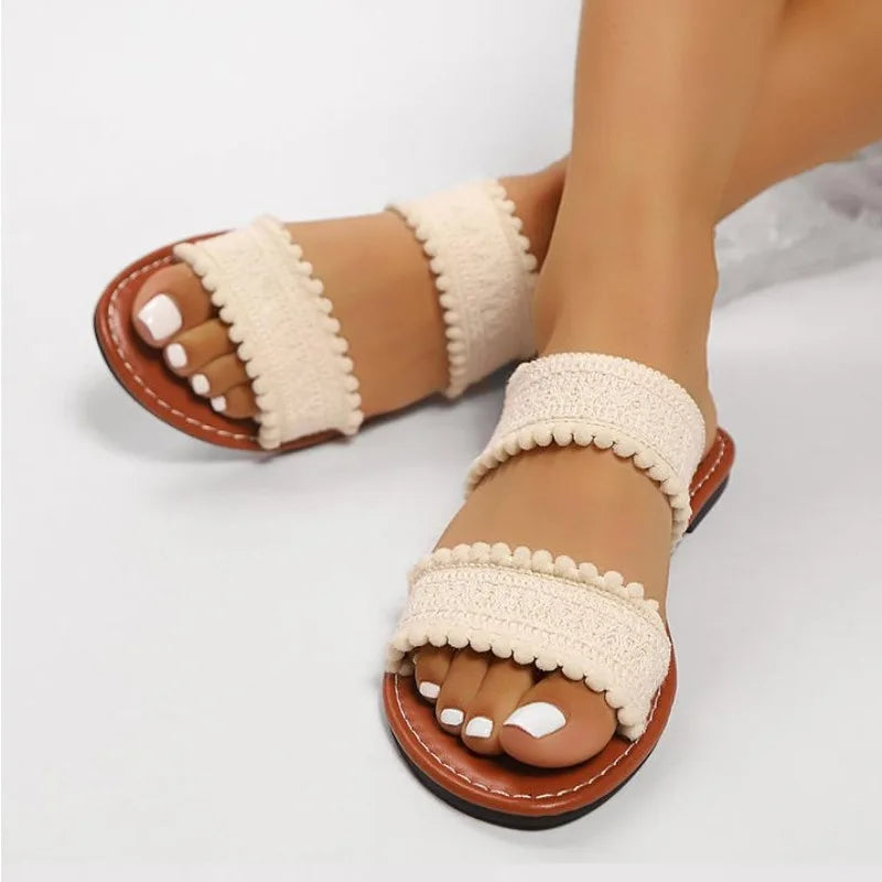 Open Toe Woven Flat Sandals Cross Band Non-slip Roman Beach Shoes
