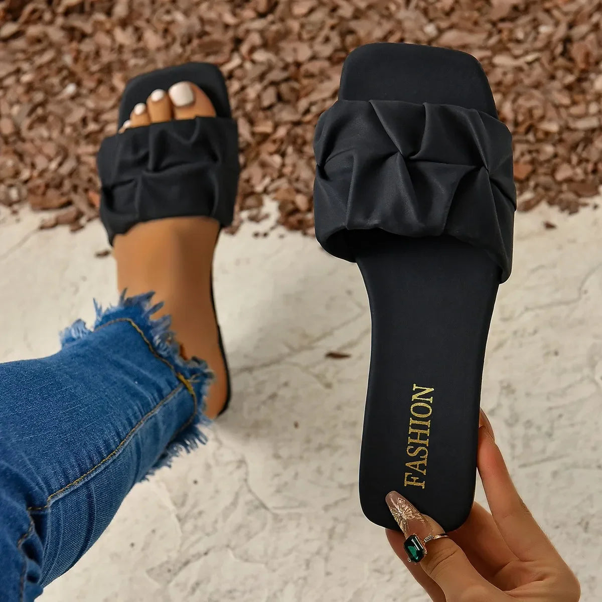 Slippers for Flip Flops Flats  Pleated Korean Slippers Sandals Green Slip on Shoes
