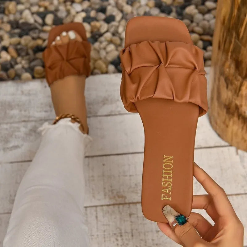 Slippers for Flip Flops Flats  Pleated Korean Slippers Sandals Green Slip on Shoes
