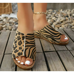 Wedge Sandals Leopard Print Soft-Soled Round-Toe Slippers Platform Sandals Simple Flip-flops Wear Beach Slippers