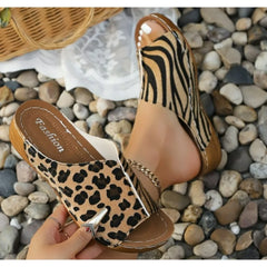 Wedge Sandals Leopard Print Soft-Soled Round-Toe Slippers Platform Sandals Simple Flip-flops Wear Beach Slippers