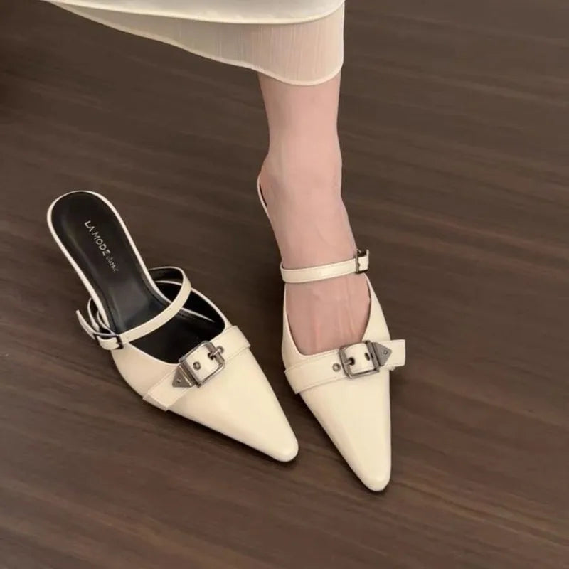 Cover Toe Mules Slippers Metal Decoration High Heel