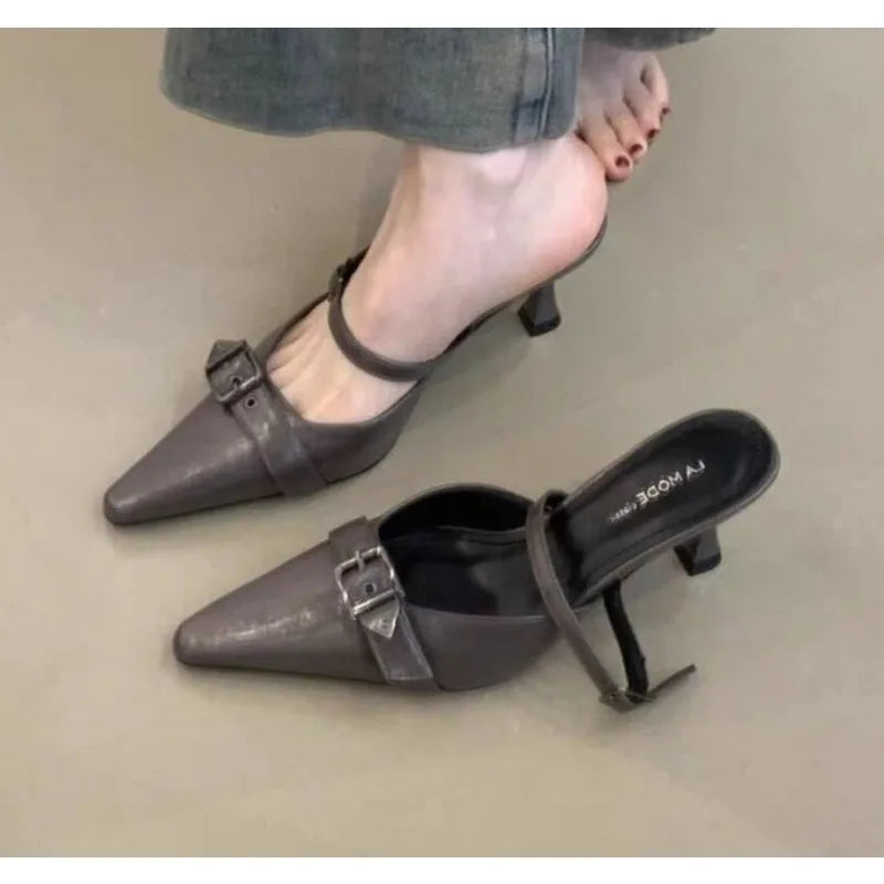 Cover Toe Mules Slippers Metal Decoration High Heel