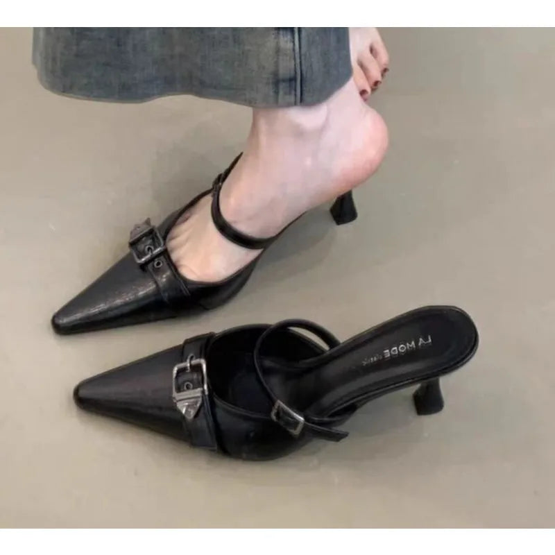 Cover Toe Mules Slippers Metal Decoration High Heel