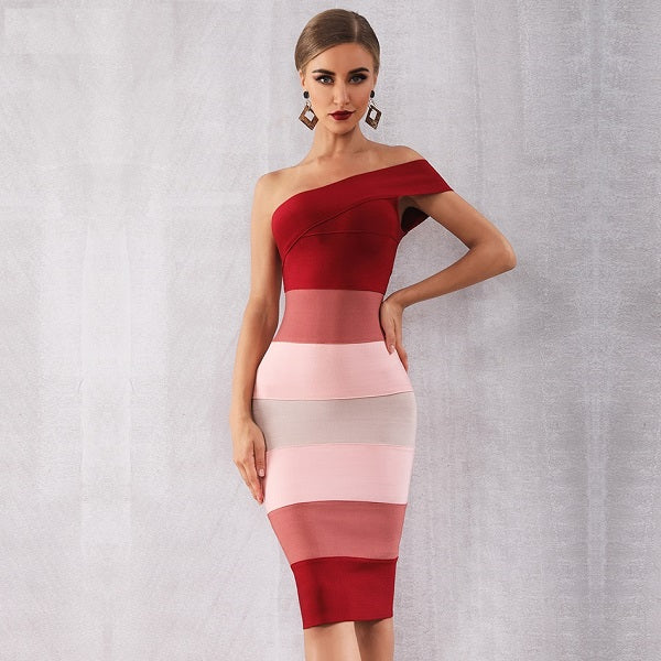 Elegant One Shoulder Celebrity Evening Party Midi Dress