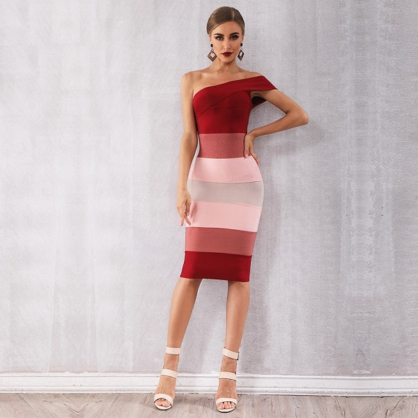 Elegant One Shoulder Celebrity Evening Party Midi Dress