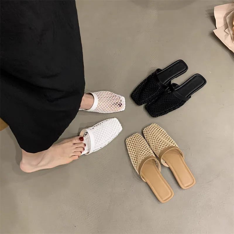 Slippers Mesh Mules Indoor Home Slides Square Toe Female Flats Shoes