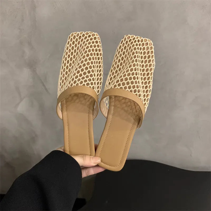 Slippers Mesh Mules Indoor Home Slides Square Toe Female Flats Shoes