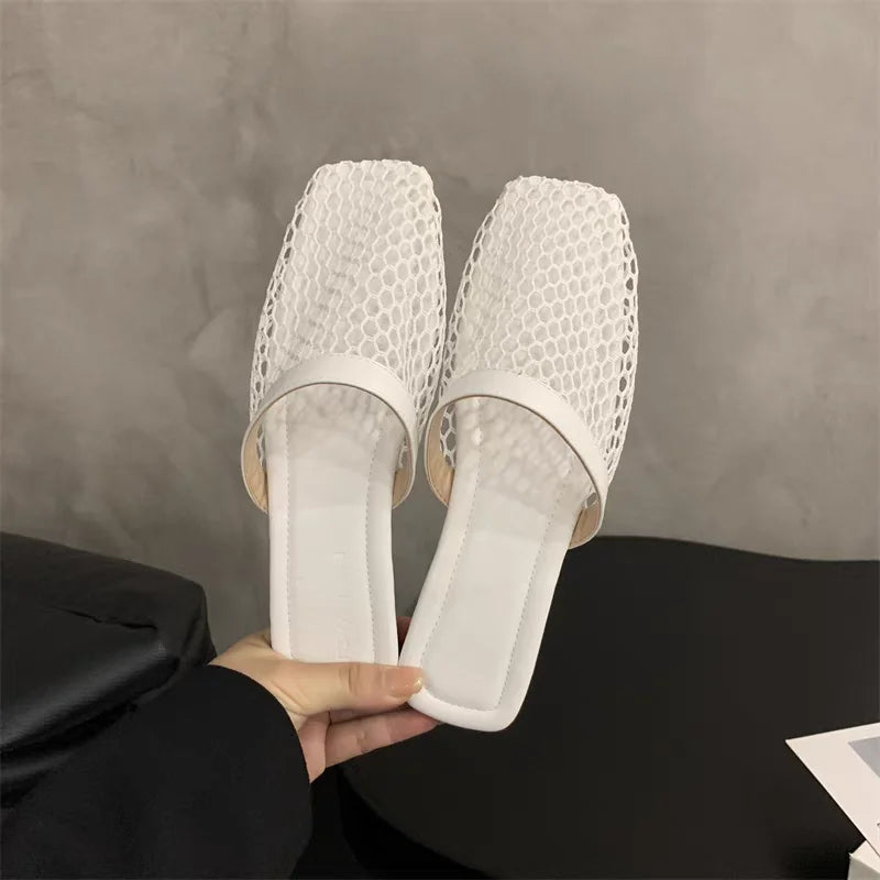 Slippers Mesh Mules Indoor Home Slides Square Toe Female Flats Shoes