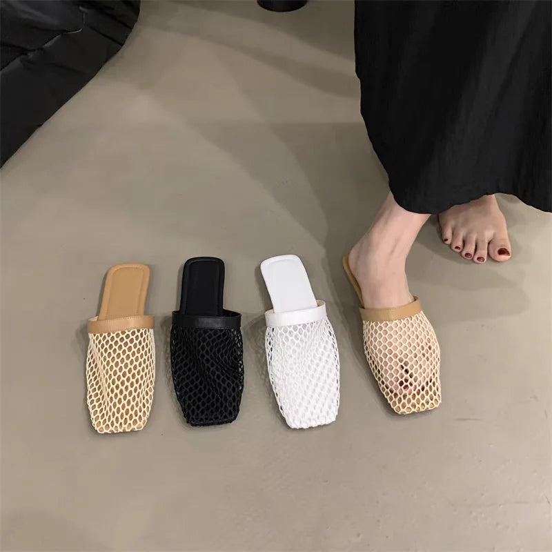 Slippers Mesh Mules Indoor Home Slides Square Toe Female Flats Shoes