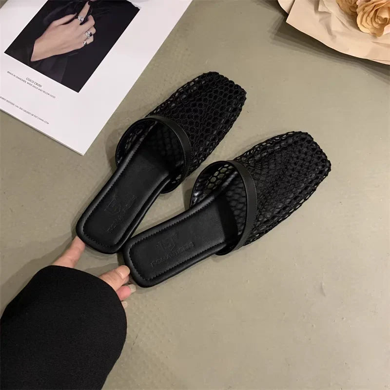 Slippers Mesh Mules Indoor Home Slides Square Toe Female Flats Shoes