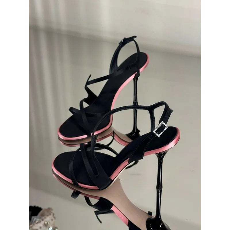 Black Satin Color Block Stiletto High Heel